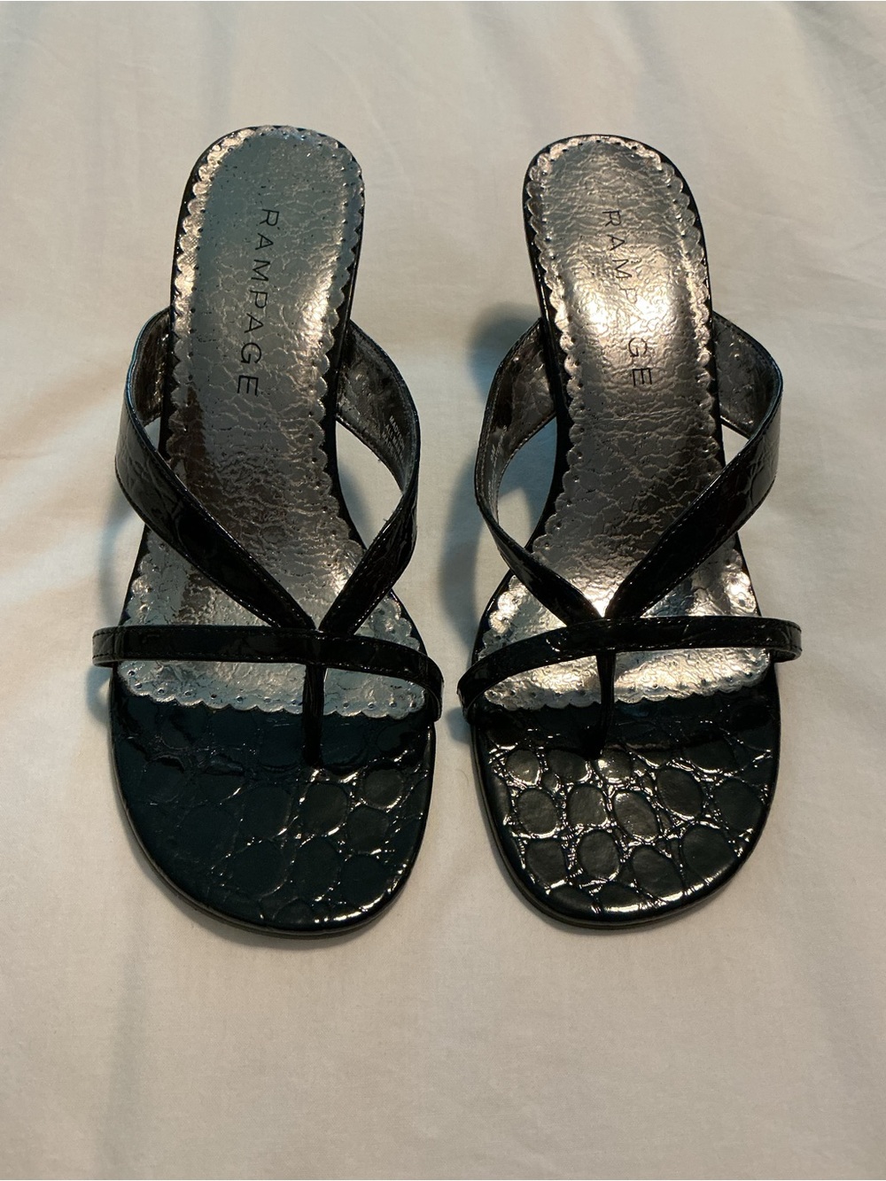 Rampage Black Croc-Textured Patent Crisscross Slide Heels with Toe Loop